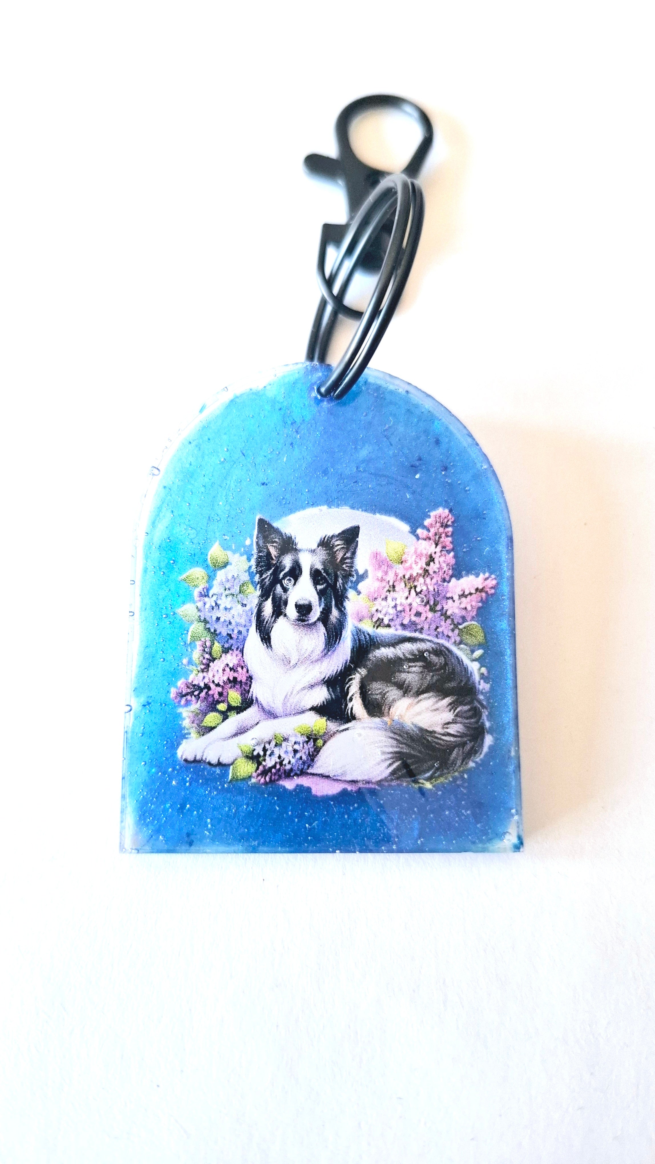 porte clés Border Collie et fleurs