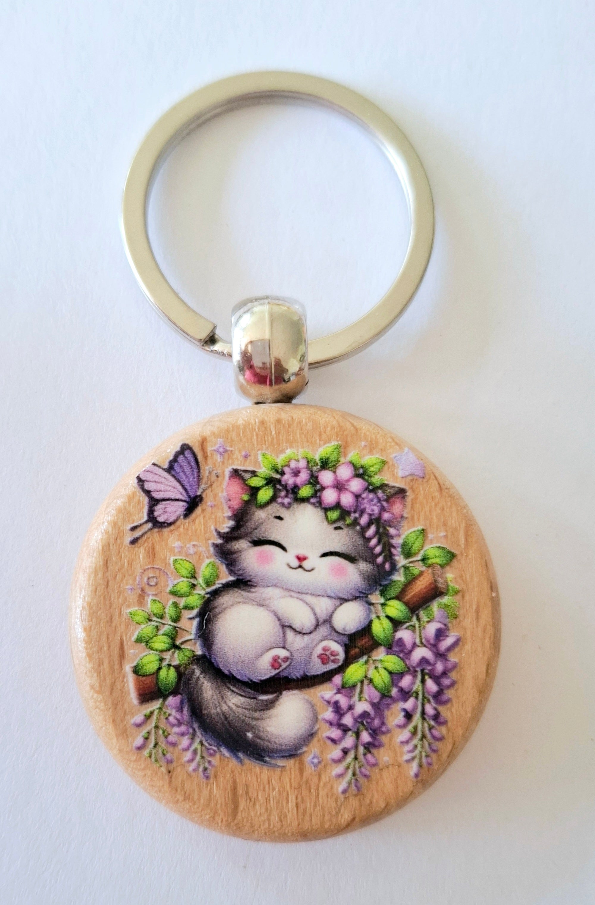 Porte clés chaton fleurs violettes