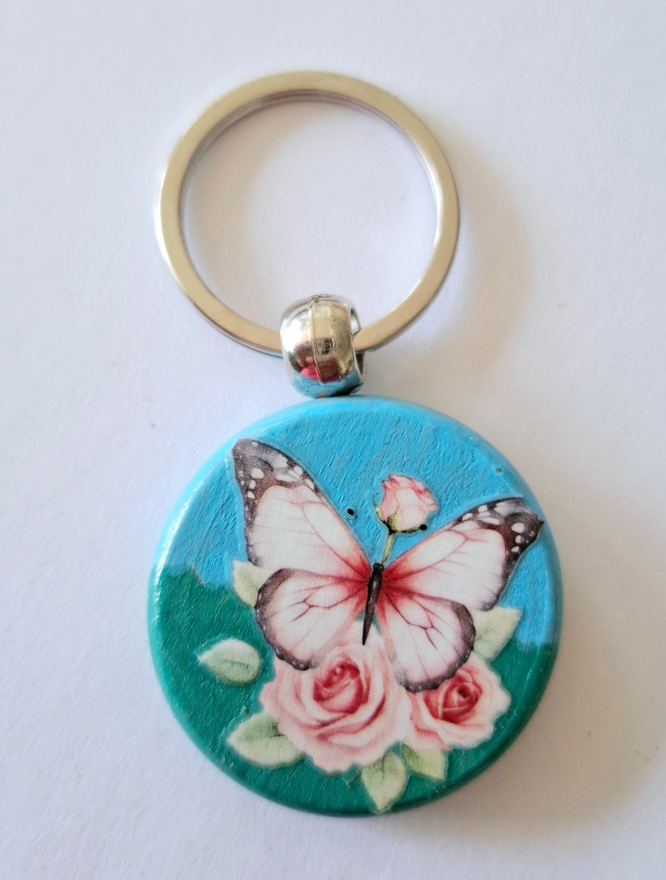 Porte clés papillon nature fleurs rose